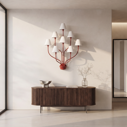 Wall Light – Bold Modern Red 8-Light Designer Wall Sconce with White Fabric Lampshades. Statement Wall Lighting Fixture for Luxury Interiors