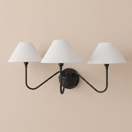 Matte Black 3 Light Wall Sconce, Modern Wall Lamp, Black Wall Light, White Shade Sconce, Curved Arm Lighting Elegant Home Decor design light
