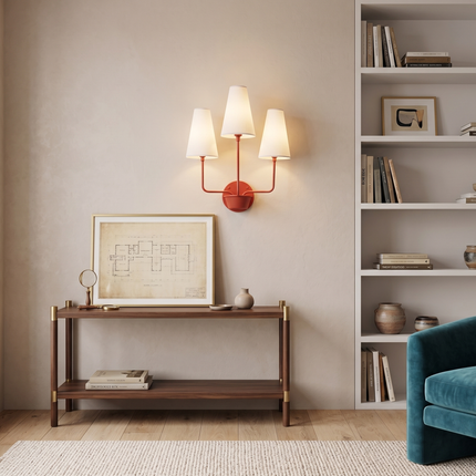 Red 3 Light Wall Sconce Triple Arm Wall Lamp, White Fabric Shade Lighting, Modern Red Wall Light, Statement Sconce, Dining Room Decor design