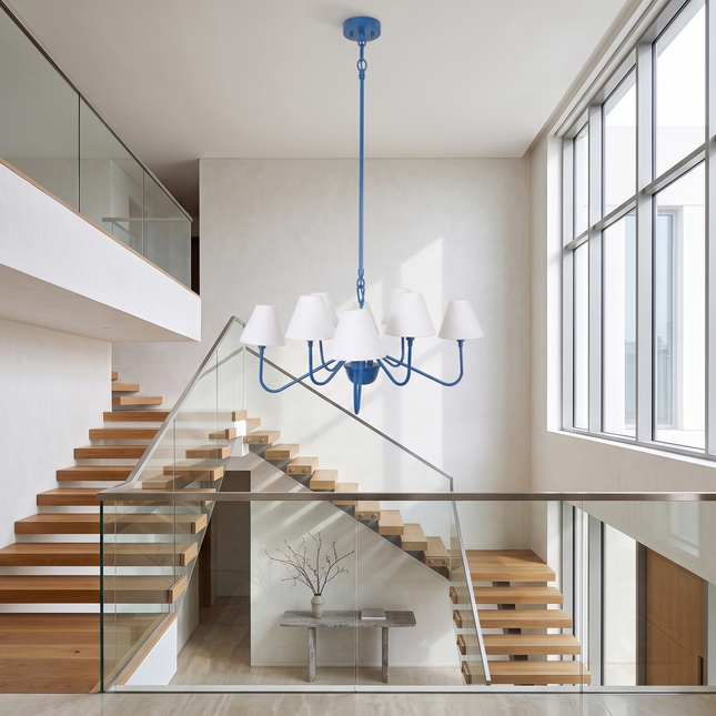 Modern Blue 8 Light Chandelier with White Fabric Shades | Contemporary Ceiling Pendant Light for Dining Room & Living Room