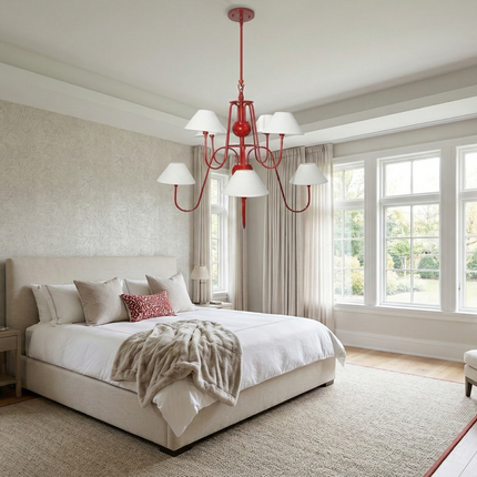 Luxury Matte Red 6 Light Chandelier with White Linen Shades | Modern Ceiling Pendant Light for Dining Room & Kitchen Island