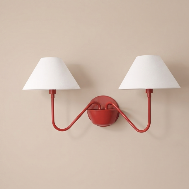 Red 2 Light Wall Sconce, Double Arm Wall Lamp with White Fabric Shades, Modern Red Wall Light, Sculptural Bedroom Lighting, Statement Decor