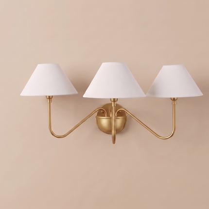 3 Light Gold Wall Sconce, Brass Wall Lamp with White Fabric Shades, Modern Vanity Lighting, Bedroom Wall Light, Dining Room Sconce, Elegant