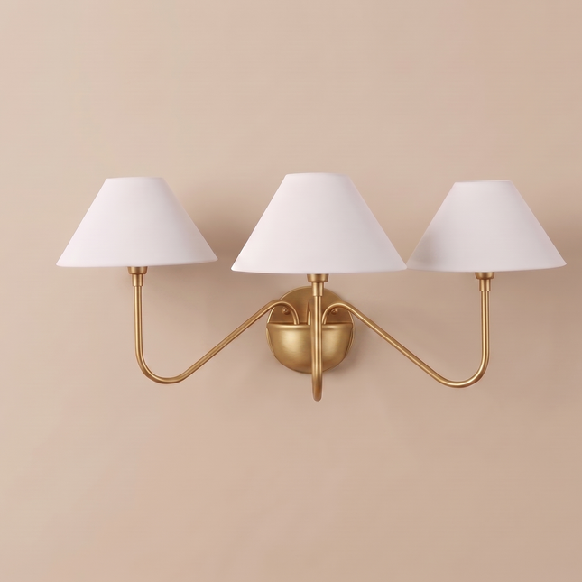 3 Light Gold Wall Sconce, Brass Wall Lamp with White Fabric Shades, Modern Vanity Lighting, Bedroom Wall Light, Dining Room Sconce, Elegant