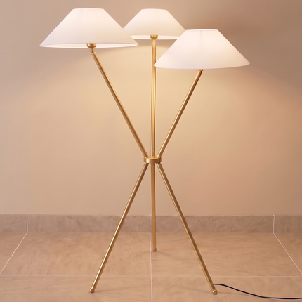 Floor Lamp Tripod Luxury Gold Brass, Modern Triple Light with Shades, Decor Lighting, Light with Triple Cone Shades, Nordic Lighting Fixture