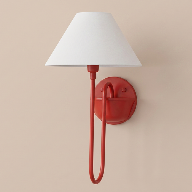 Red Wall Sconce with White Fabric Shade, Modern Wall Lamp, Red Bedroom Sconce, Sculptural Wall Light, Contemporary Lighting, Accent Lamp
