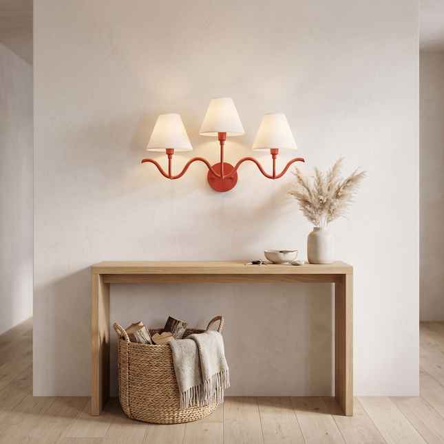 3 Light Red Wall Sconce, Sculptural Wall Lamp, White Fabric Shades, Modern Wall Light, Artistic Sconce, Statement Lighting badroom light
