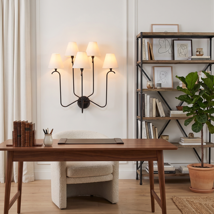 Wall Light Modern Matte Black Five Arm Fixture, Luxury Multi Shade Wall Lamp with Elegant White Fabric Shades for Living Room & Bedroom