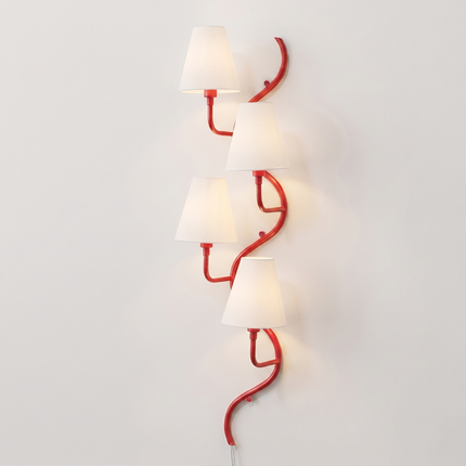Modern Red Vertical 4-Light Wall Sconce, Curved Contemporary Wall Lamp with White Shades, Luxury Staircase Hallway Lighting Fixture