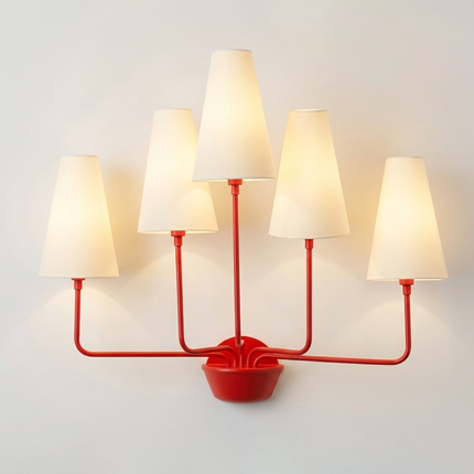 Wall Light – Modern Red 5-Light Minimalist Wall Sconce with Tall White Fabric Shades | Lighting Fixture for Living Room Bedroom Hallway