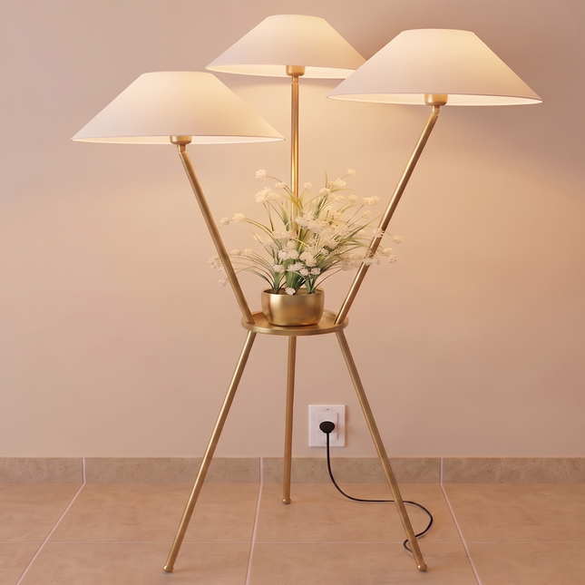 Floor Lamp Gold Tripod with Built-In Plant Stand, Luxury Modern Standing Light, Three Shade Floor Lamp for Living Room, Bedroom,Home Decor