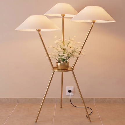 Floor Lamp Gold Tripod with Built-In Plant Stand, Luxury Modern Standing Light, Three Shade Floor Lamp for Living Room, Bedroom,Home Decor