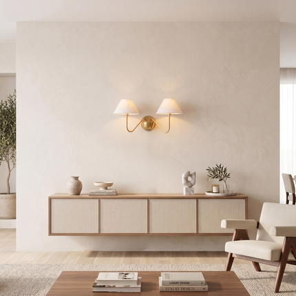 Gold Brass Double Wall Sconce, Elegant 2 Light Wall Lamp with White Shades, Luxury Bedroom Lighting for Refined Home Interiors Décor Options