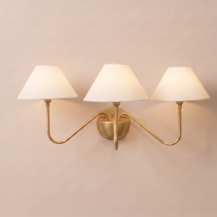 3 Light Gold Wall Sconce, Brass Wall Lamp with White Fabric Shades, Modern Vanity Lighting, Bedroom Wall Light, Dining Room Sconce, Elegant