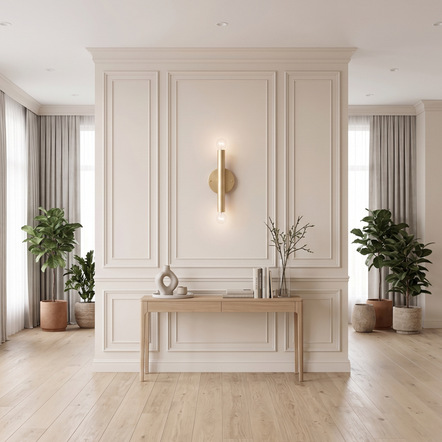 Wall Sconce Gold Brass Double Bulb Lighting Fixture – Minimalist Brass Wall Lamp for Bedroom Living Room Hallway Staircase & Interior Decor.