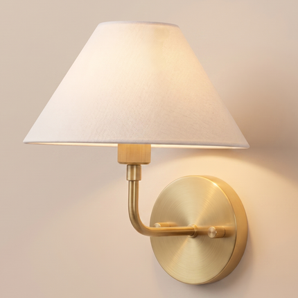 Wall Sconce Modern Brass Light, White Fabric Shade Wall Lamp, Contemporary Bedside Reading Light, Luxury Bedroom Hallway Accent Wall Sconce