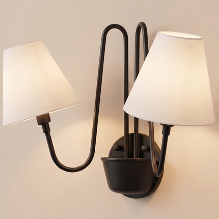 Matte Black Double Wall Sconce with White Linen Shades, Wall Light, 2 Light Bedroom Sconce, Curved Arm Lighting, Living Room Wall Lamp
