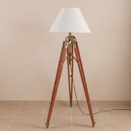 Floor Lamp Vintage Tripod, Industrial Wooden Standing Lamp with White Fabric Shade, Nautical Living Room, Entryway, Bedroom Lighting Decor