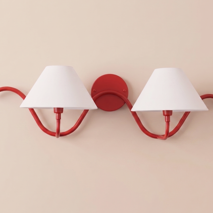 Red Wall Sconce, 2 Light Wall Lamp, Modern Red Lighting Fixture, White Fabric Shade, Curved Wall Light, Artistic Bedroom Hallway Home Décor