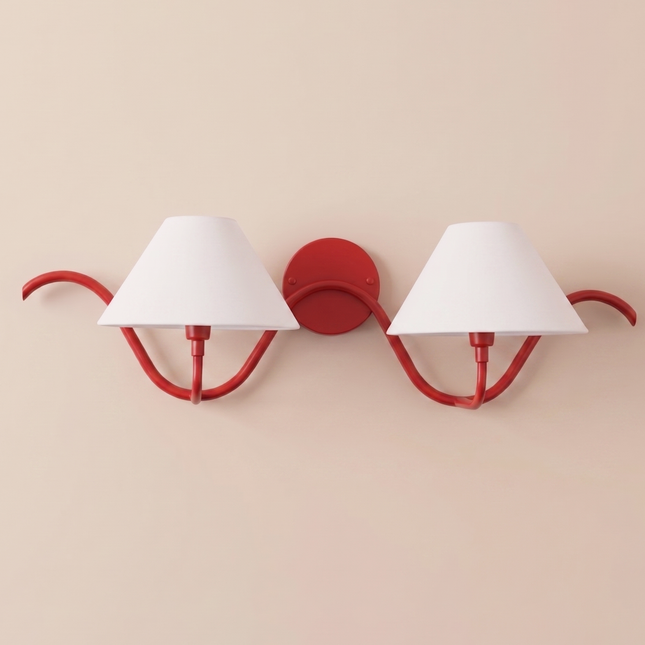 Red Wall Sconce, 2 Light Wall Lamp, Modern Red Lighting Fixture, White Fabric Shade, Curved Wall Light, Artistic Bedroom Hallway Home Décor