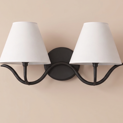 Modern 2 Light Wall Sconce Matte Black Double White Fabric Shades, Bedroom Bedside Wall Lamp, Living Room Hallway, Bathroom Vanity Fixture