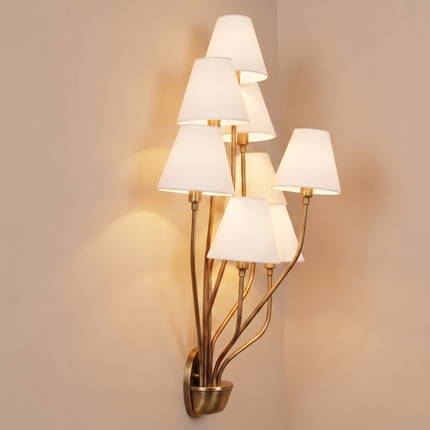 Wall Light – Luxury Antique Brass 8-Light Wall Sconce with White Fabric Shades | Wall Lighting Fixture for Living Room Bedroom Hallway Deco