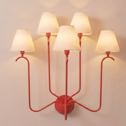 Red 5 Light Wall Sconce, Statement Multi Arm Wall Lamp with White Shades, Bold Decorative Bedroom Living Room Lighting Fixture Home Décor