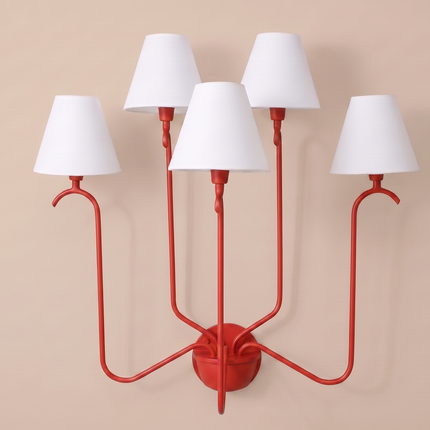 Red 5 Light Wall Sconce, Statement Multi Arm Wall Lamp with White Shades, Bold Decorative Bedroom Living Room Lighting Fixture Home Décor