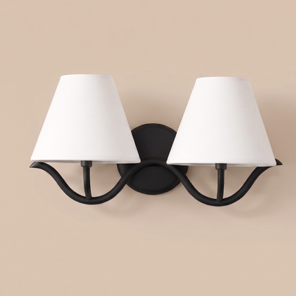Modern 2 Light Wall Sconce Matte Black Double White Fabric Shades, Bedroom Bedside Wall Lamp, Living Room Hallway, Bathroom Vanity Fixture