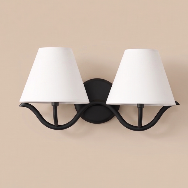 Modern 2 Light Wall Sconce Matte Black Double White Fabric Shades, Bedroom Bedside Wall Lamp, Living Room Hallway, Bathroom Vanity Fixture