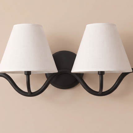 Modern 2 Light Wall Sconce Matte Black Double White Fabric Shades, Bedroom Bedside Wall Lamp, Living Room Hallway, Bathroom Vanity Fixture