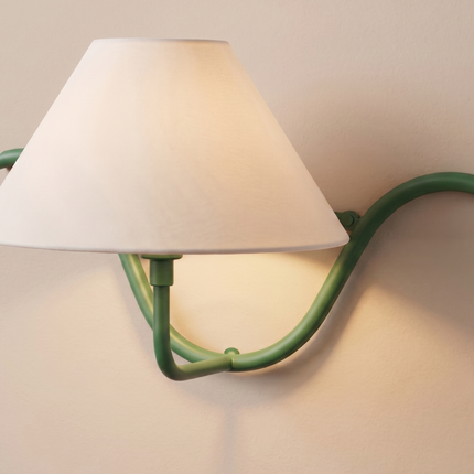 Green Wall Sconce with White Linen Shade, Modern 1 Light Wall Lamp, Curved Arm Sconce, Bedroom Lighting, Colorful Accent Light, Home Decor