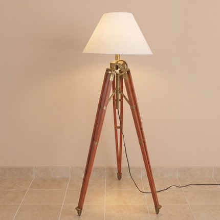Floor Lamp Vintage Tripod, Industrial Wooden Standing Lamp with White Fabric Shade, Nautical Living Room, Entryway, Bedroom Lighting Decor