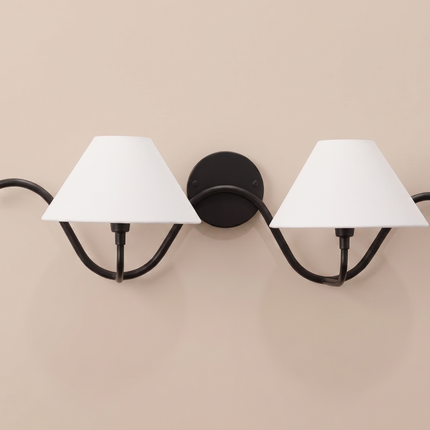 Matte Black Wall Sconce, 2 Light Wall Lamp, Modern Black Lighting Fixture, White Fabric Shade, Curved Arm Sconce, Bedroom Hallway Home Décor