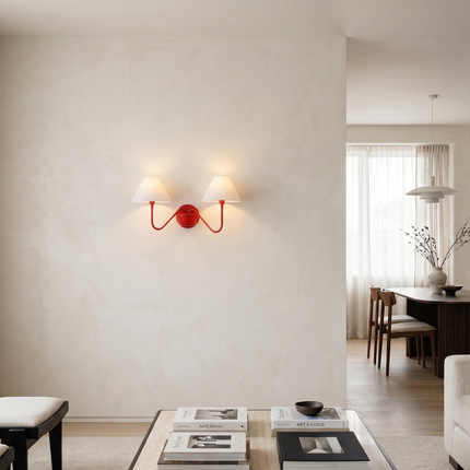 Red 2 Light Wall Sconce, Double Arm Wall Lamp with White Fabric Shades, Modern Red Wall Light, Sculptural Bedroom Lighting, Statement Decor