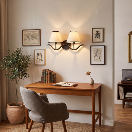 Wall Sconce Modern Curved Arm Double , Black Wall Lamp with White Shades, Bedside Reading Light, Living Room and Entryway Decor