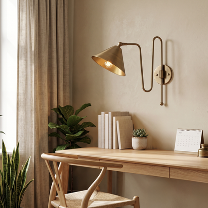 Antique Brass Cone Wall Lamp – Modern Industrial Wall Sconce | Mid Century Bedroom & Living Room Lighting Fixture living rooms, bedrooms
