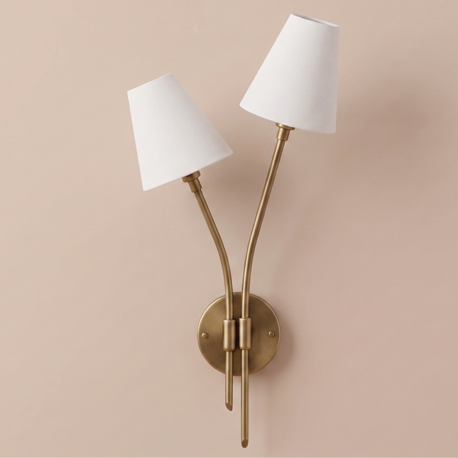 Antique Brass Wall Sconce, 2 Light Wall Lamp, Modern Brass Wall Light, Sculptural Sconce, White Shade Lighting, Elegant Home Decor lamp