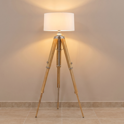 Floor Lamp with Tripod Modern Light Lamp, Natural Wood Standing Lamp, Scandinavian Nordic Living Room Light, Handmade in India