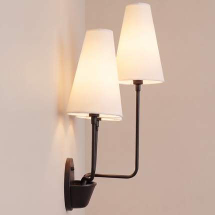 Matte Black Wall Sconce 3 Light, Modern Fabric Shade Lamp, Mid Century Lighting, Bedroom Sconce, Living Room Décor, Hardwired Home Fixture.