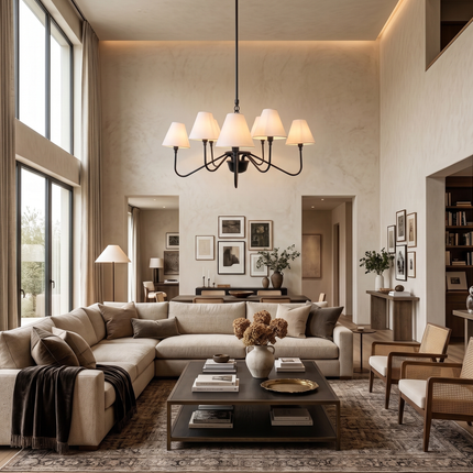 Matte Black Light Chandelier with White Linen Shades | Modern Ceiling Hanging Light Fixture for Dining Room & Kitchen Island