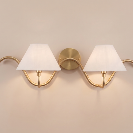 Antique Brass Wall Sconce 2 Light Brass Wall Lamp with White Fabric Shades, Modern Vintage Wall Light,Bedroom Sconce Elegant Statement Light