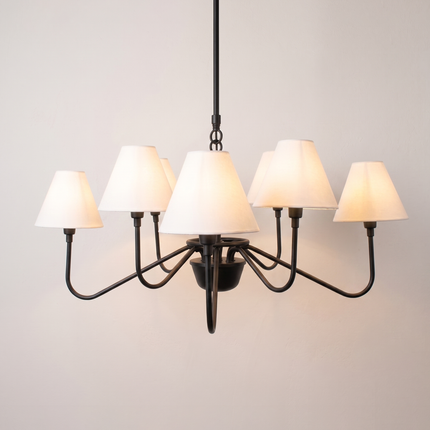 Matte Black Light Chandelier with White Linen Shades | Modern Ceiling Hanging Light Fixture for Dining Room & Kitchen Island