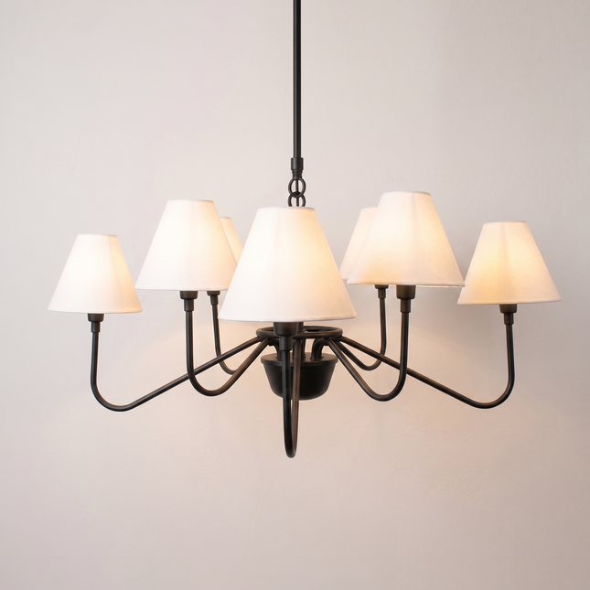 Matte Black Light Chandelier with White Linen Shades | Modern Ceiling Hanging Light Fixture for Dining Room & Kitchen Island