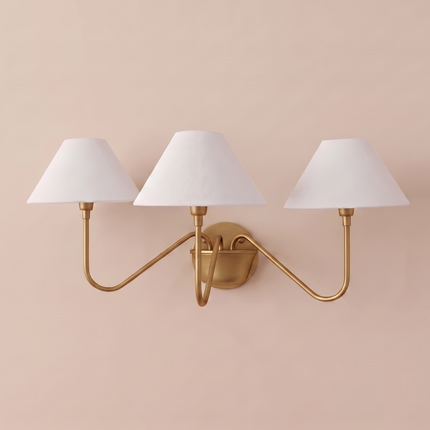 3 Light Gold Wall Sconce, Brass Wall Lamp with White Fabric Shades, Modern Vanity Lighting, Bedroom Wall Light, Dining Room Sconce, Elegant