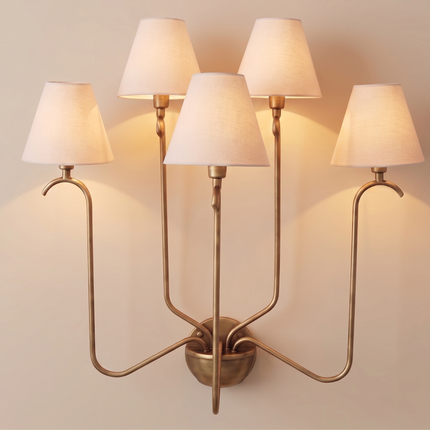 Antique Brass 5 Light Wall Sconce, Vintage Inspired Multi Arm Wall Lamp with White Shades, Classic Indoor Lighting Fixture for Home Wall Art