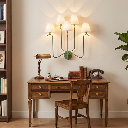 Modern Green Wall Sconce – Luxury Multi Arm Wall Lamp with White Fabric Shades | Contemporary Designer Lighting Fixture