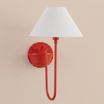 Wall Sconce in Coral Red Fabric Shade Wall Sconce, Modern Wall Light, Contemporary Bedroom Lamp, Scandinavian Wall Lighting, Minimalist Lamp