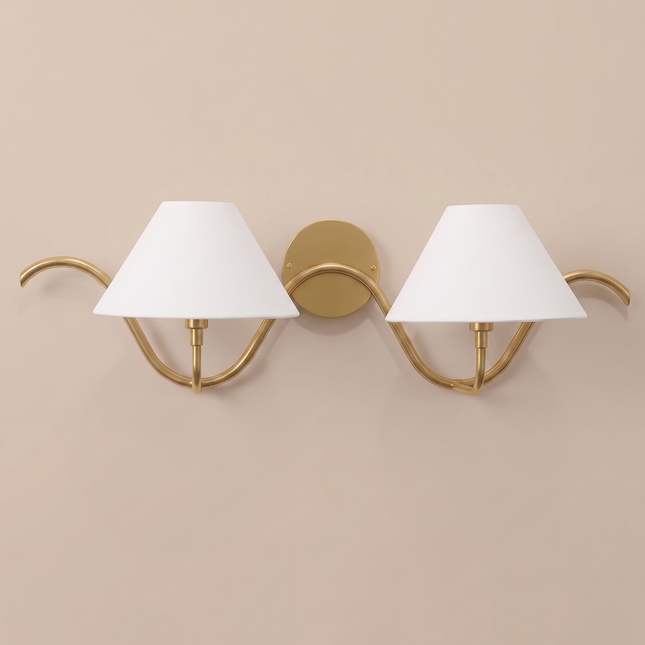 Antique Brass Wall Sconce 2 Light Brass Wall Lamp with White Fabric Shades, Modern Vintage Wall Light,Bedroom Sconce Elegant Statement Light