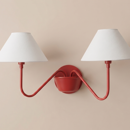 Red 2 Light Wall Sconce, Double Arm Wall Lamp with White Fabric Shades, Modern Red Wall Light, Sculptural Bedroom Lighting, Statement Decor